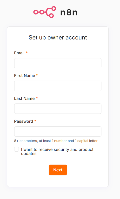 n8n setup login screen